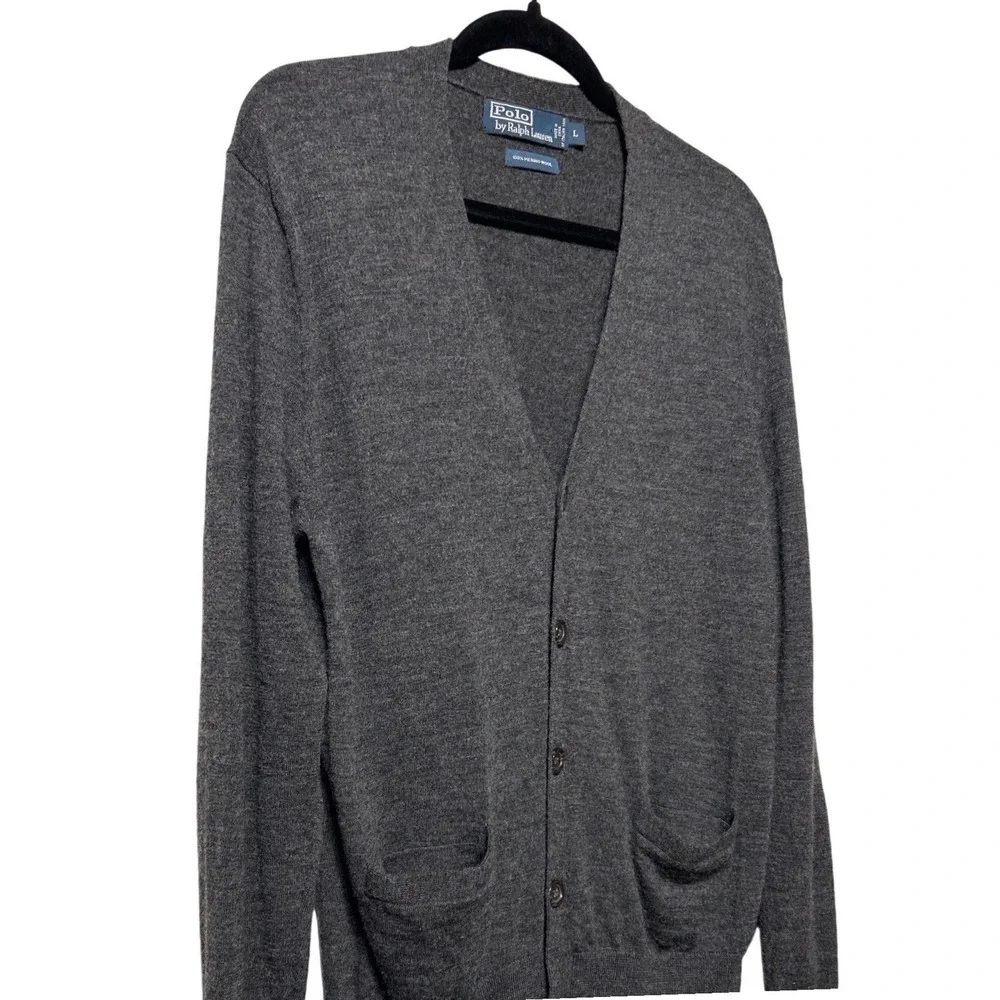 Polo Ralph Lauren Mens Merino Wool Cardigan‎ Sweater Gray V-Neck Button Front L